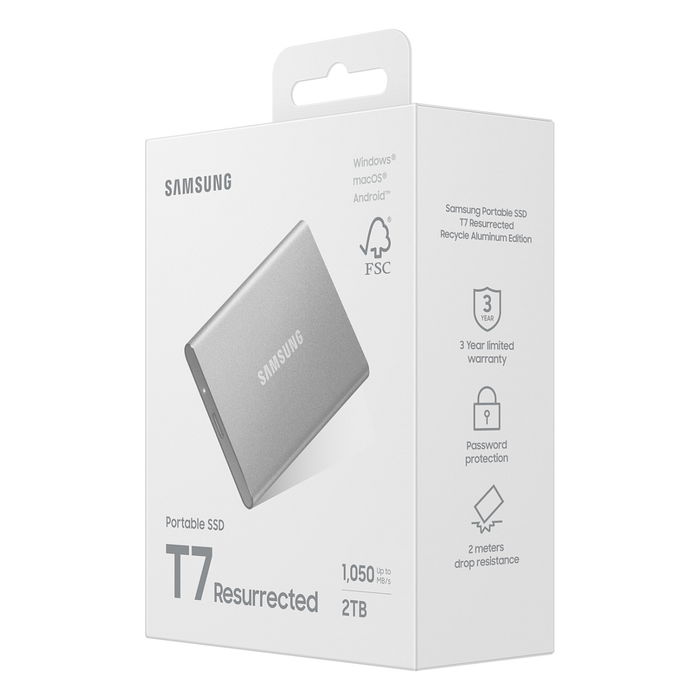 Samsung MU-PD2T0G/WW SSD Portable T7, 2 TB, USB-C 3.2 Gen 2 (1050 MB/s), Plata, Aluminio, Resistente a Caídas, Cifrado AES 256-bit Samsung MU-PD2T0G/WW SSD Portable T7, 2 TB, USB-C 3.2 Gen 2 (1050 MB/s), Plata, Aluminio, Resistente a Caídas, Cifrado AES 256-bit