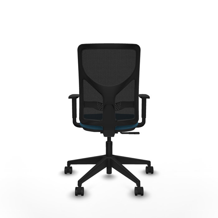 Silla de oficina Motilla con mecanismo Sincro tapizada con Tela color Verde petróleo y malla color negra. Equipada con lumbar 1D, Brazos 1D y Ruedas 65mm nailon
