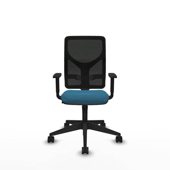 Silla de oficina Motilla con mecanismo Sincro tapizada con Tela color Verde petróleo y malla color negra. Equipada con lumbar 1D, Brazos 1D y Ruedas 65mm nailon