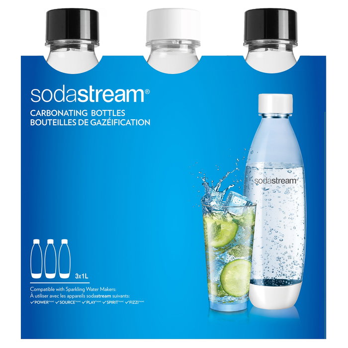 SodaStream Pack de 3 Botellas PET de 1L, Negro/Blanco