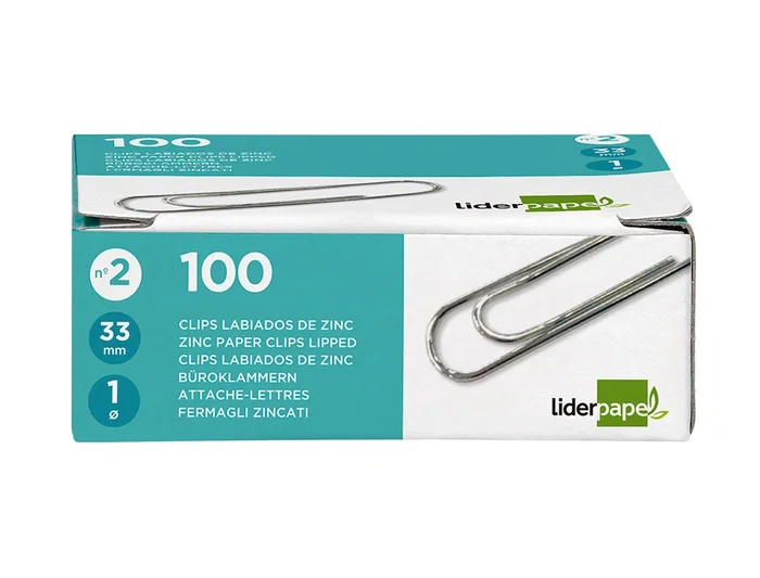 Liderpapel Clips nº2 Labiados 33 mm Caja 100 Unidades Calidad Extra Zinc