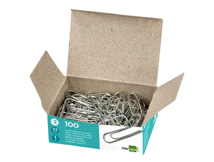 Liderpapel Clips nº2 Labiados 33 mm Caja 100 Unidades Calidad Extra Zinc