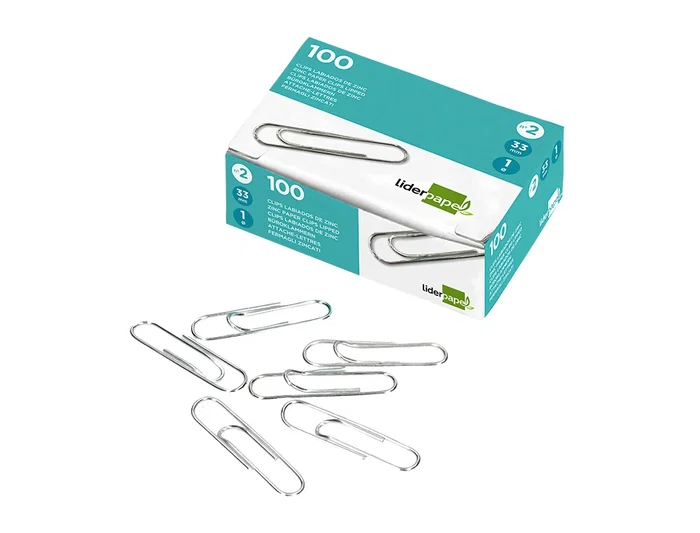 Liderpapel Clips nº2 Labiados 33 mm Caja 100 Unidades Calidad Extra Zinc
