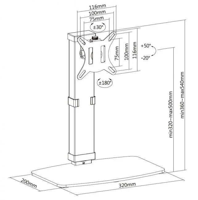 Equip Soporte para Monitor de Sobremesa 650126, para Monitores de hasta 81,3 cm / 32", Ajustable en Altura, Compatible VESA 100x100, Negro