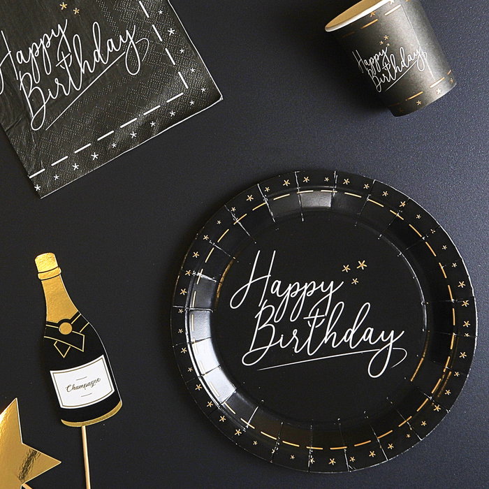 Party Time Juego de 6 Platos de Cartón para Cumpleaños Party Time Blanco y Negro 23 cm