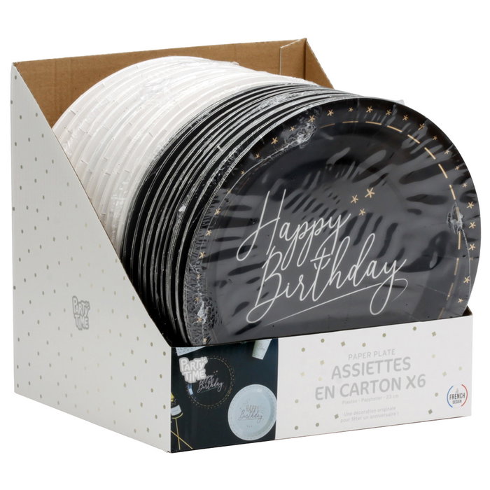 Party Time Juego de 6 Platos de Cartón para Cumpleaños Party Time Blanco y Negro 23 cm