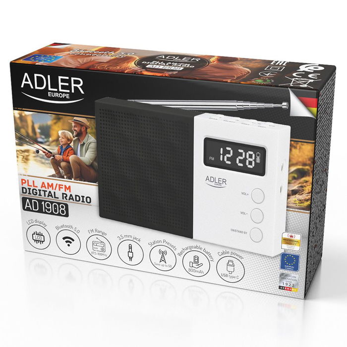 Adler AD 1908 - Radio digital FM portátil con Bluetooth 5.0, sintonización PLL, pantalla LCD, reproductor USB/SD, alarma, reloj y batería recargable Adler AD 1908 - Radio digital FM portátil con Bluetooth 5.0, sintonización PLL, pantalla LCD, reproductor USB/SD, alarma, reloj y batería recargable