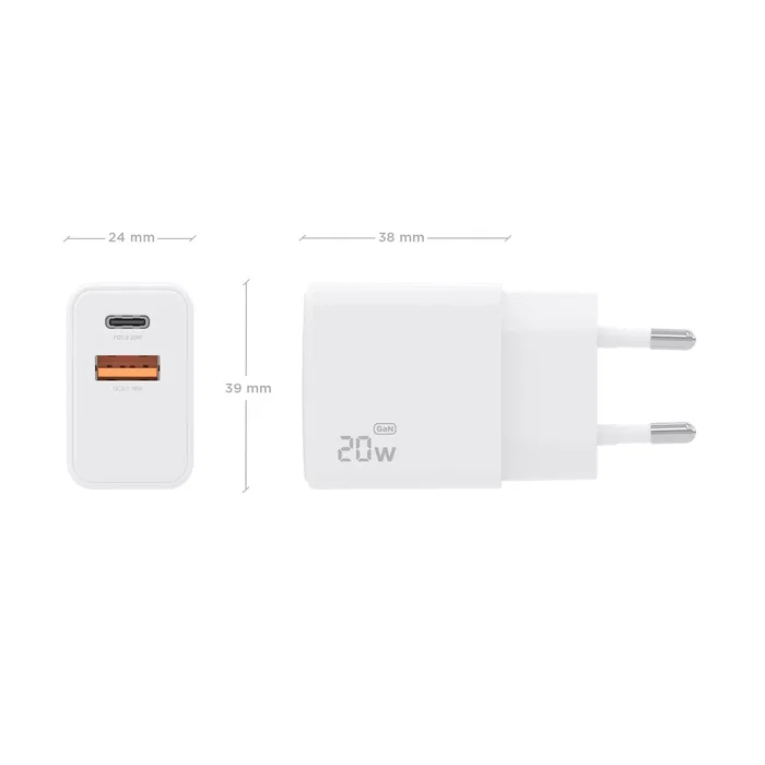 Aisens Cargador GaN 20W USB-C PD3.0 y USB-A QC3.0 Blanco