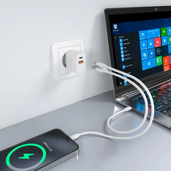 Aisens Cargador GaN 20W USB-C PD3.0 y USB-A QC3.0 Blanco