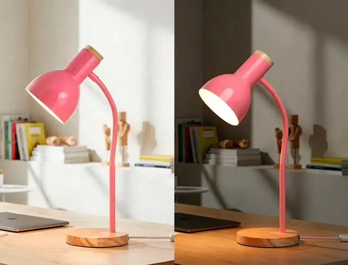 Q-Connect Orion - Lámpara de escritorio metálica con detalles de madera, brazo flexible, 40W máximo, color rosa