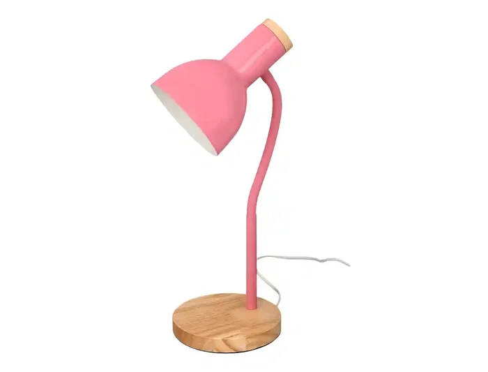 Q-Connect Orion - Lámpara de escritorio metálica con detalles de madera, brazo flexible, 40W máximo, color rosa