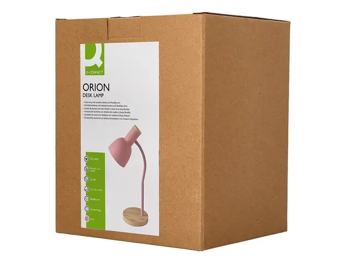 Q-Connect Orion - Lámpara de escritorio metálica con detalles de madera, brazo flexible, 40W máximo, color rosa