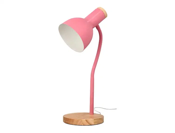 Q-Connect Orion - Lámpara de escritorio metálica con detalles de madera, brazo flexible, 40W máximo, color rosa