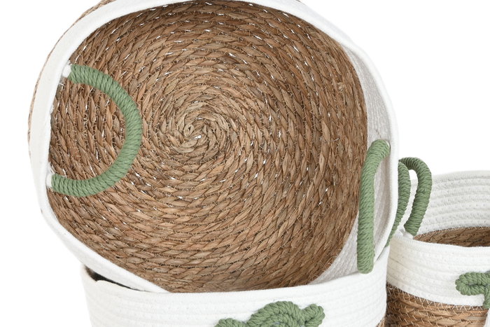 DKD Home Decor Set de 3 Cestas de Fibra y Algodón 30x30x15 cm - Blanco, Verde y Natural DKD Home Decor Set de 3 Cestas de Fibra y Algodón 30x30x15 cm - Blanco, Verde y Natural