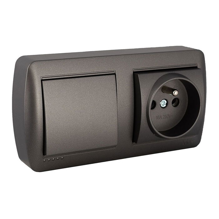 Solera Base fija 2p+t Francés 16A 250V~ con Conmutador/Interruptor 10AX 250V~ de Superficie Serie Mural Grafito Solera Base fija 2p+t Francés 16A 250V~ con Conmutador/Interruptor 10AX 250V~ de Superficie Serie Mural Grafito