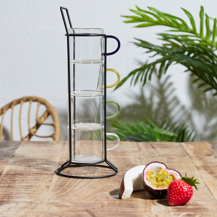 Home Deco Factory Juego de 4 Tazas Espresso de Colores con Soporte