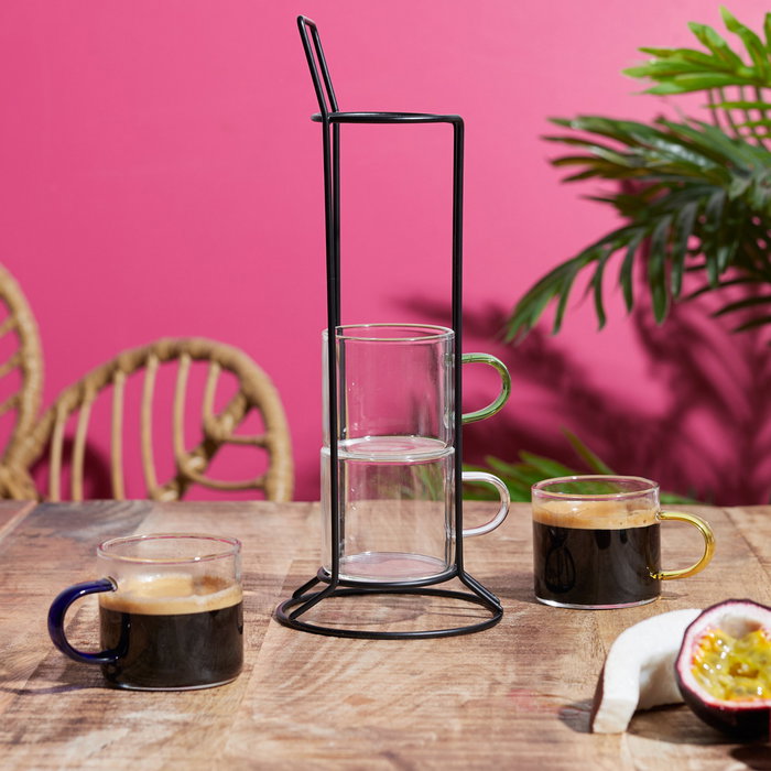 Home Deco Factory Juego de 4 Tazas Espresso de Colores con Soporte