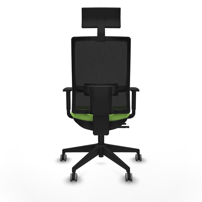 Silla de oficina Horna con mecanismo Sincro/Traslack tapizada con Tela color Pistacho y malla color Negro. Equipada con lumbar 1D, Brazos 1D, Cabecero Fijo y Ruedas 65 mm parqué