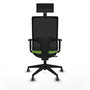 Silla de oficina Horna con mecanismo Sincro/Traslack tapizada con Tela color Pistacho y malla color Negro. Equipada con lumbar 1D, Brazos 1D, Cabecero Fijo y Ruedas 65 mm parqué