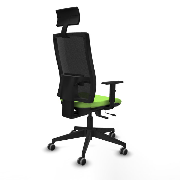 Silla de oficina Horna con mecanismo Sincro/Traslack tapizada con Tela color Pistacho y malla color Negro. Equipada con lumbar 1D, Brazos 1D, Cabecero Fijo y Ruedas 65 mm parqué