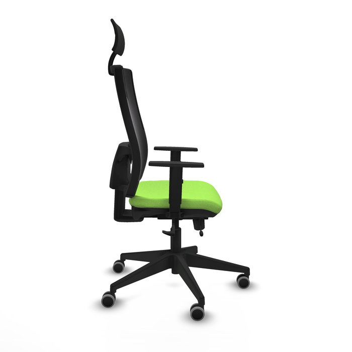 Silla de oficina Horna con mecanismo Sincro/Traslack tapizada con Tela color Pistacho y malla color Negro. Equipada con lumbar 1D, Brazos 1D, Cabecero Fijo y Ruedas 65 mm parqué