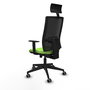 Silla de oficina Horna con mecanismo Sincro/Traslack tapizada con Tela color Pistacho y malla color Negro. Equipada con lumbar 1D, Brazos 1D, Cabecero Fijo y Ruedas 65 mm parqué