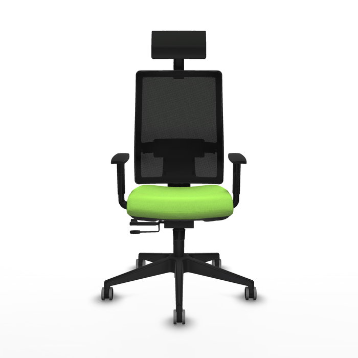 Silla de oficina Horna con mecanismo Sincro/Traslack tapizada con Tela color Pistacho y malla color Negro. Equipada con lumbar 1D, Brazos 1D, Cabecero Fijo y Ruedas 65 mm parqué