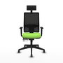 Silla de oficina Horna con mecanismo Sincro/Traslack tapizada con Tela color Pistacho y malla color Negro. Equipada con lumbar 1D, Brazos 1D, Cabecero Fijo y Ruedas 65 mm parqué