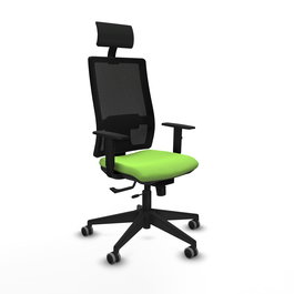 Silla de oficina Horna con mecanismo Sincro/Traslack tapizada con Tela color Pistacho y malla color Negro. Equipada con lumbar 1D, Brazos 1D, Cabecero Fijo y Ruedas 65 mm parqué