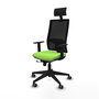 Silla de oficina Horna con mecanismo Sincro/Traslack tapizada con Tela color Pistacho y malla color Negro. Equipada con lumbar 1D, Brazos 1D, Cabecero Fijo y Ruedas 65 mm parqué