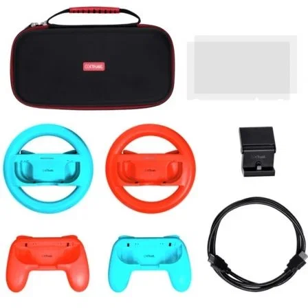 Trust Gaming GXT 1249 Pack Gaming Accesorios Nintendo Switch Estuche Rígido, 2 Joy-Con, 2 Volantes, Cristal Templado, Soporte Carga