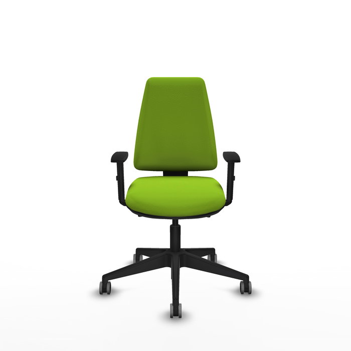 Silla de oficina Elche con mecanismo Asincro tapizada con Similpiel color Pistacho. Equipada con Base piramidal negra, Brazos 1D y Ruedas 65 mm parqué