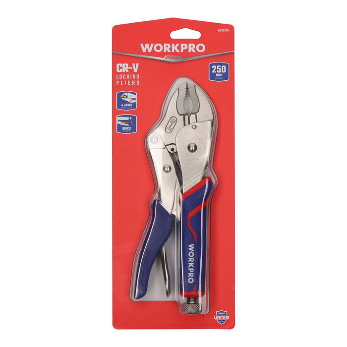 Workpro cr-m Alicates Mordaza de Presión 250mm (10"), Acero Cromo-Molibdeno, Liberación Rápida, Tornillo de Ajuste, Mango Triple Material Cómodo