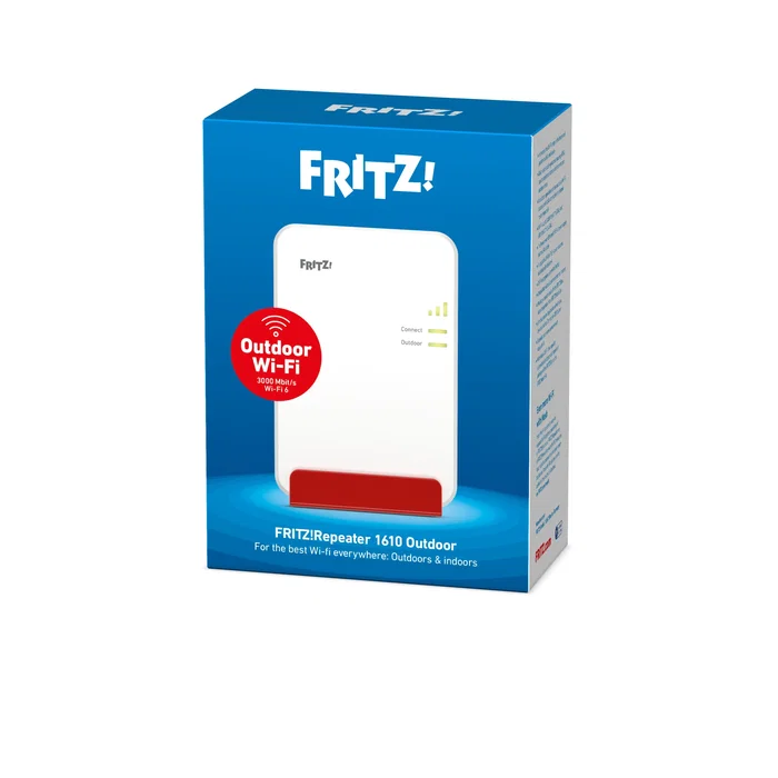 FRITZ! Repeater 1610 Outdoor - Repetidor de Red WiFi 6, 3000 Mbit/s, Dual Band 2.4/5 GHz, Gigabit Ethernet, Blanco, para Instalación en Exterior