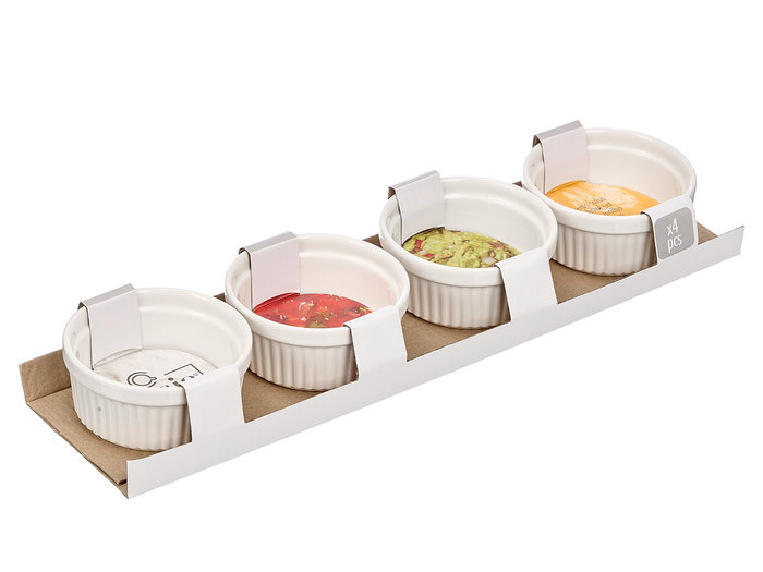 Vessia Set de 4 Tarros para Salsa de 140 ml, Porcelana Blanca, Dimensiones del Set: 37x9x5 cm (Set de 24)