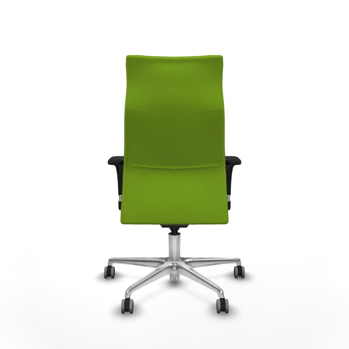 Sillón Albacete con mecanismo Sincro tapizada con Similpiel color Pistacho. Equipado con Base aluminio, Brazos 1D y Ruedas 65 mm parqué