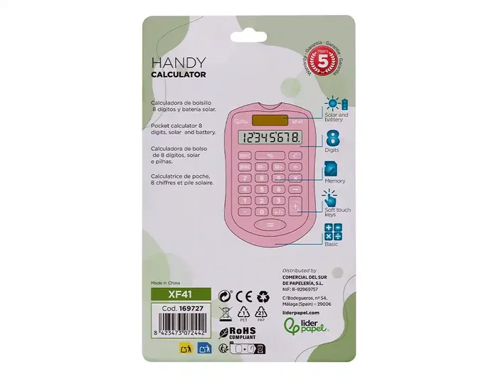 Liderpapel xf41 Calculadora de Bolsillo 8 Dígitos Solar y Pilas Color Rosa