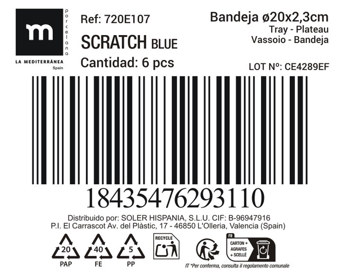 La Mediterranea Bandeja Redonda Scratch Blue 20 x 2.3 cm (Pack de 18)移