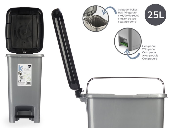 Arte Regal Papelera de Plástico 25L con Pedal para Reciclaje, Negra, Dimensiones 37x47x26.9cm (Set de 8)