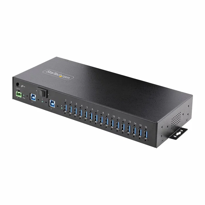 StarTech.com Hub Industrial USB 3.0 de 16 Puertos - Carcasa Metálica, 5 Gbps, Montaje Rack/DIN/Pared, 160W, Compatible con BC 1.2 - Para Entornos Exigentes