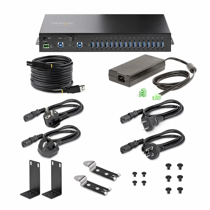 StarTech.com Hub Industrial USB 3.0 de 16 Puertos - Carcasa Metálica, 5 Gbps, Montaje Rack/DIN/Pared, 160W, Compatible con BC 1.2 - Para Entornos Exigentes