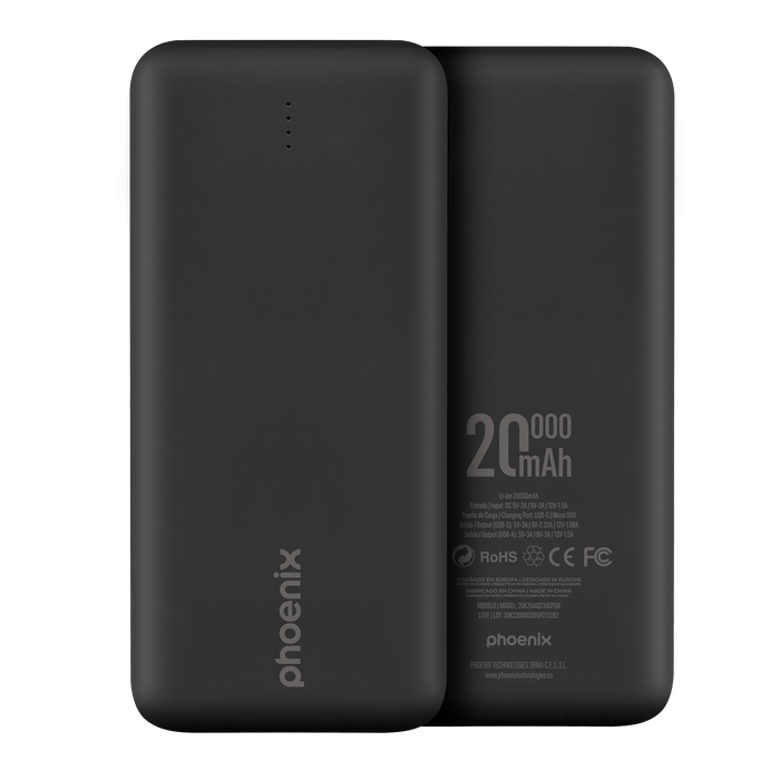 Phoenix Technologies Batería Externa Power Bank 20000mAh con Carga Rápida QC y USB-C Power Delivery (PD), 2 Puertos USB-A, Entrada Micro USB, Negro Phoenix Technologies Batería Externa Power Bank 20000mAh con Carga Rápida QC y USB-C Power Delivery (PD), 2 Puertos USB-A, Entrada Micro USB, Negro