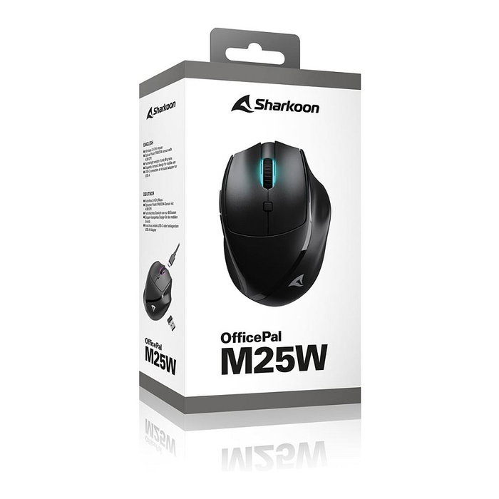 SHARKOON Ratón OfficePal M25W, Óptico, RF Wireless + USB Type-C, 4000 DPI, Negro, para Diestros, 6 Botones, 30 Millones de Clics, Diseño Ergonómico, Iluminación RGB