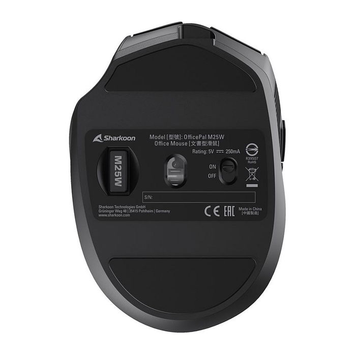 SHARKOON Ratón OfficePal M25W, Óptico, RF Wireless + USB Type-C, 4000 DPI, Negro, para Diestros, 6 Botones, 30 Millones de Clics, Diseño Ergonómico, Iluminación RGB