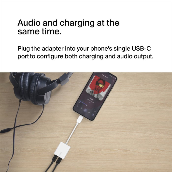 Belkin RockStar Adaptador de Audio y Carga USB-C, Blanco