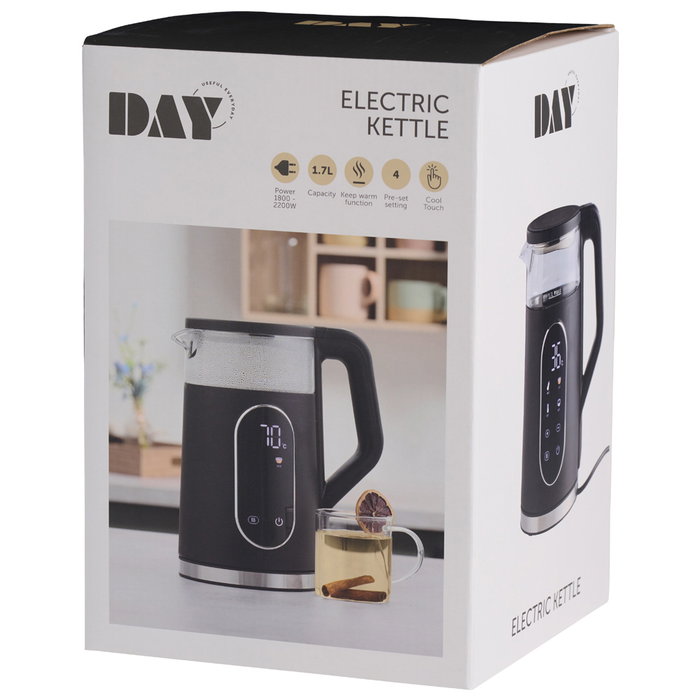 Day Hervidor de Agua 1,7 L 2200W Vidrio Borosilicato Control Electrónico 10 Memorias 13 Niveles Temperatura Variable 40/70/80/90°C