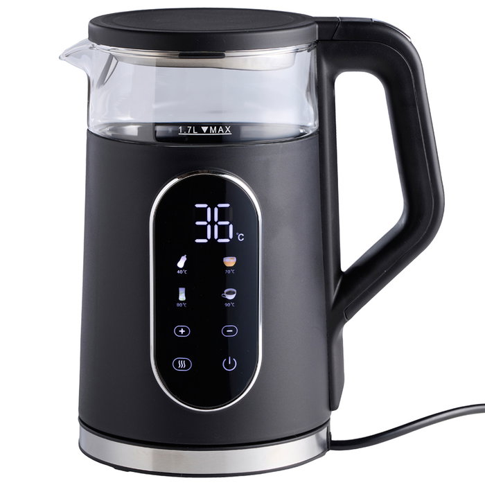 Day Hervidor de Agua 1,7 L 2200W Vidrio Borosilicato Control Electrónico 10 Memorias 13 Niveles Temperatura Variable 40/70/80/90°C
