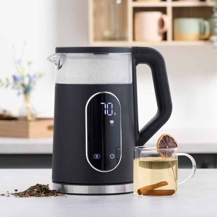 Day Hervidor de Agua 1,7 L 2200W Vidrio Borosilicato Control Electrónico 10 Memorias 13 Niveles Temperatura Variable 40/70/80/90°C