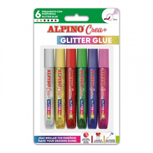 Alpino Pegamento con Purpurina Crea+ Glitter Glue, 6 Colores Surtidos