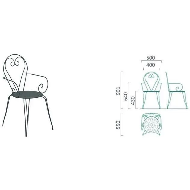 Conjunto de 4 sillones apilables de jardín romántico de hierro forjado - verde